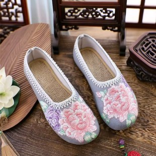 Slippers Single Slippers/Cotton Slippers Linen Peony Embroidered Round Toe Flats Cloth Shoes Sandals Embroidered Women's Shoes