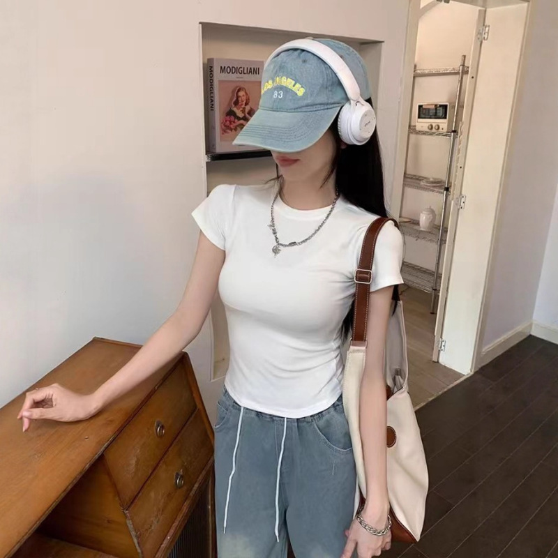 韩系正肩修身短袖T恤女2025夏季新款掐腰短款显瘦女装ins红色上衣|undefined