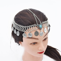 2021新款歐美合金綠松石水鑽頭飾女士錢幣吊墜合金髮飾個性飾品