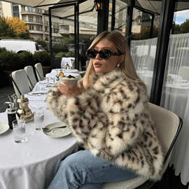 跨境外贸女装欧美风秋冬动物纹复古人造毛夹克加厚加绒皮草外套