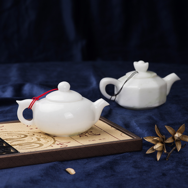 陕西蓝田玉圆茶壶定制商务礼品订制天然玉石茶具雕刻企业礼品定做