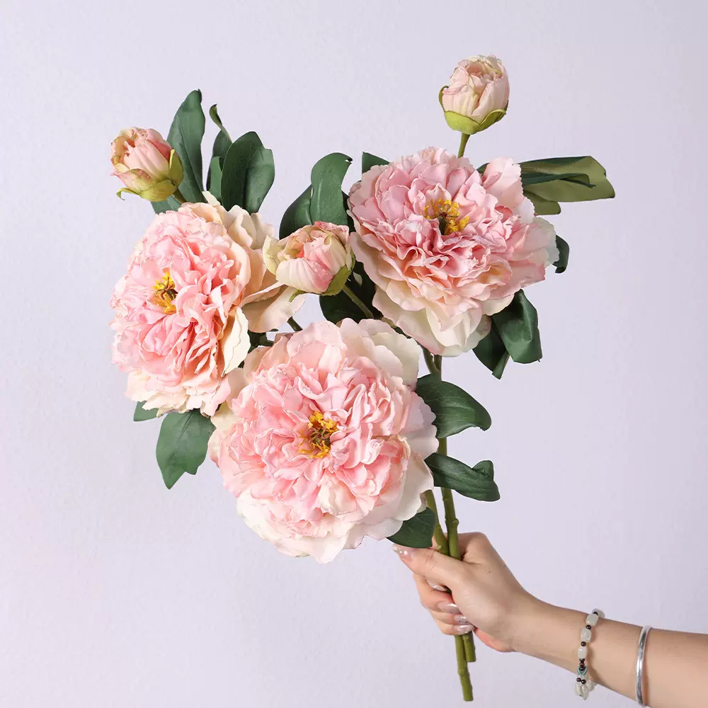 仿真单枝2头烤边牡丹 北欧复古风家居婚庆装饰插花油画牡丹仿真花