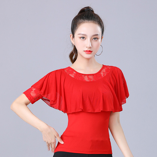 Square Dance Modern Dance Waltz Top Women's Round Neck New Dance Clothes Ruffled Latin Dance Clothing Summer Ballroom Dance