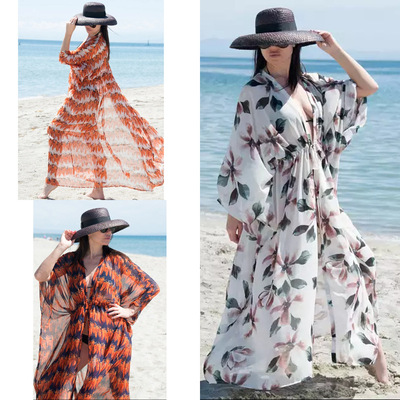 Beach blouse chiffon gown printed cardigan big yards sunscreen cardigan holiday beach dress bikini