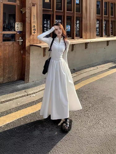 French-style gentle wind, waist-cinching, slimming, versatile one-piece dress for spring and autumn, elegant zipper base dress, large skirt, high-waisted slimming