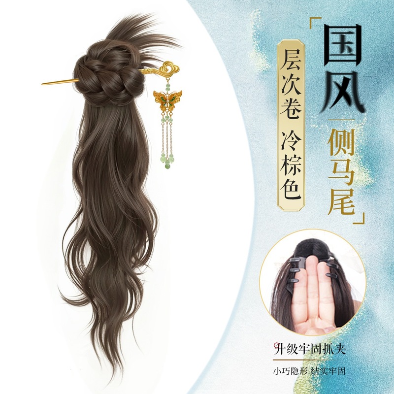 新中式假发马尾辫子女古风汉服旗袍仿真轻国风蝴蝶流苏发簪侧马尾|undefined