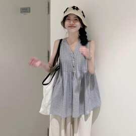 2026蓝色格子无袖衬衫女夏季减龄宽松显瘦超好看中大童娃娃衫百搭