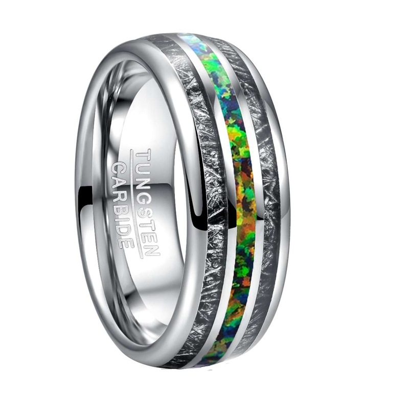 现货一件代发混批8mm宽镶嵌黑色防陨石绿色澳宝男士钨钢戒指