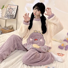 7801X#冬季新款睡衣女加厚长毛绒卡通圆领休闲家居服套装 260克