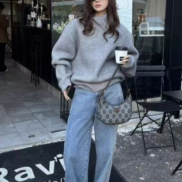韩系宽松灰色加厚毛衣女新款秋季设计感纽扣半开领针织衫上衣外贸|undefined