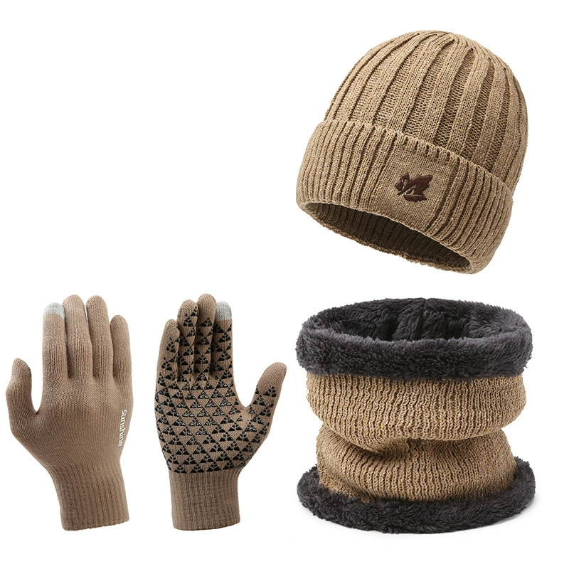 Knitted hat and neck warmer set unisex, 3‑piece with gloves, fleece‑lined, warm winter