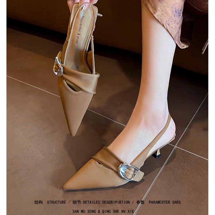Black Khaki Metal Buckle Pointed-Toe Backless Sandals for Workplace Commuting, Soft-Soled, Comfortable Fashion Shoes