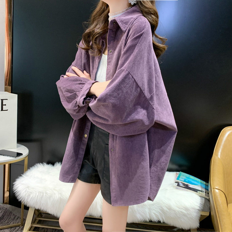 2025 Spring and Autumn New Korean Style Commuting Loose Casual Mid-Length Corduroy Lapel Long-Sleeve Shirt for Women