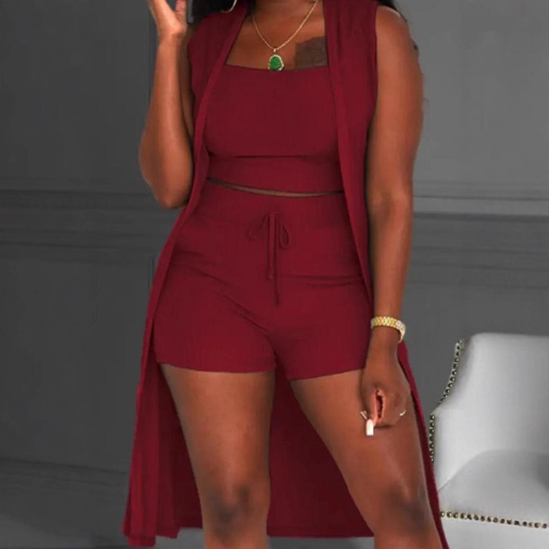 Cross-Border 2025 New European and American Women's Clothing Foreign Trade Women's Clothing Amazon Best-Selling Aliexpress Pit Strip Pure Color Three-Piece Suit