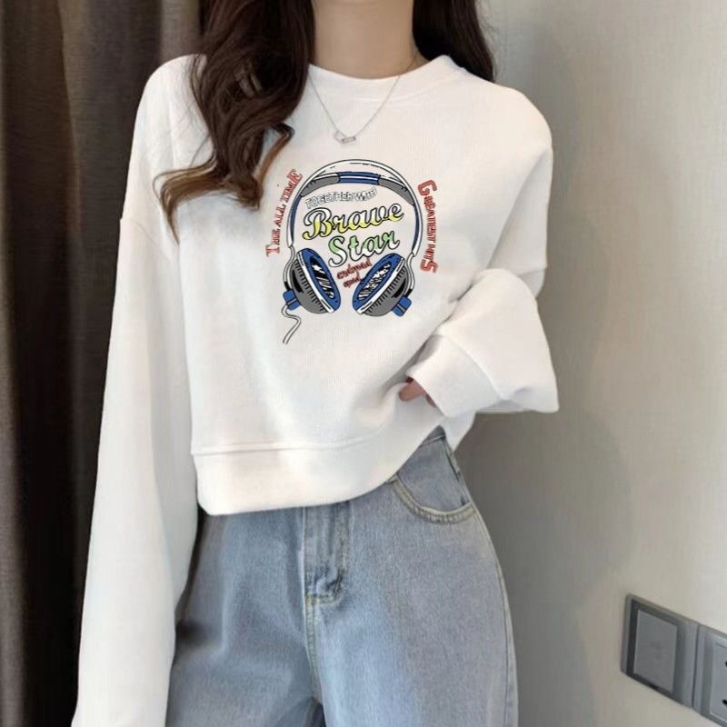 쇼트 화이트 땀 여자 2024 가을 새로운 한국식 올매치 슬림 핏 탑 얇은 외부 착용 학생 스몰