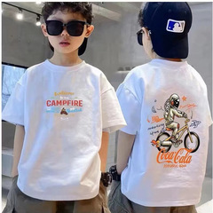 Children's pure cotton astronaut print short-sleeved top for boys and girls, round neck base layer top, middle child street racing T-shirt