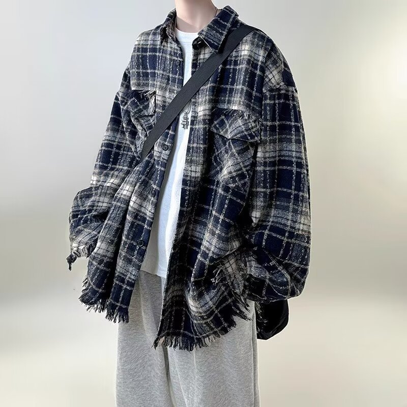 Vintage American-style Plaid Long-sleeved Jacket with Fur Edge Design Sense Men's Shirt Loose Niche Fashionable All-match Lapel Top