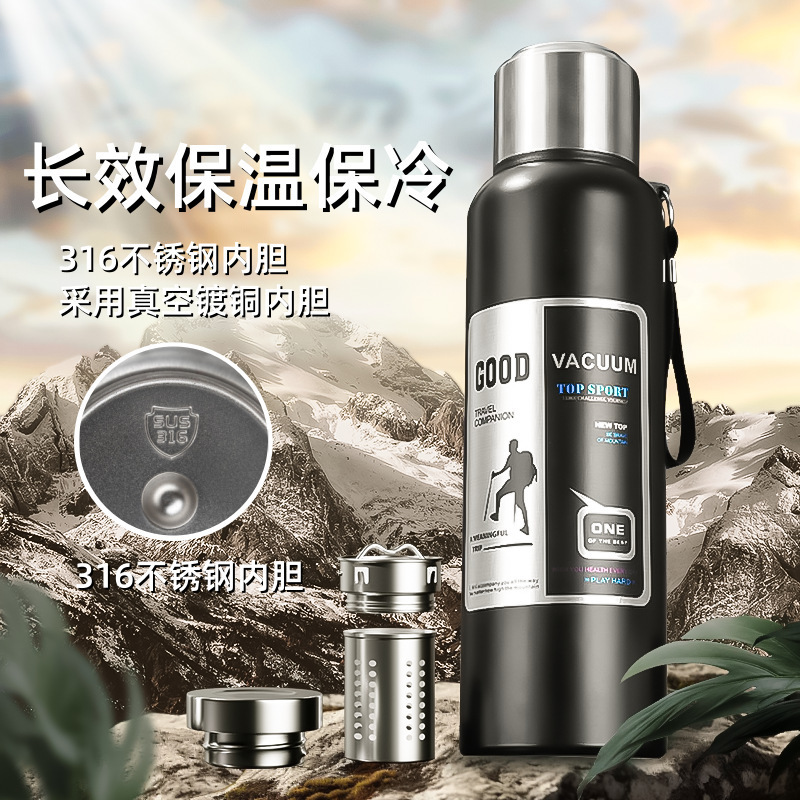 Large-Capacity All-Steel Insulated Kettle for Men, Outdoor Hiking Portable Water Cup, 316 Stainless Steel Insulated Cup, Easy-To-Pull Can