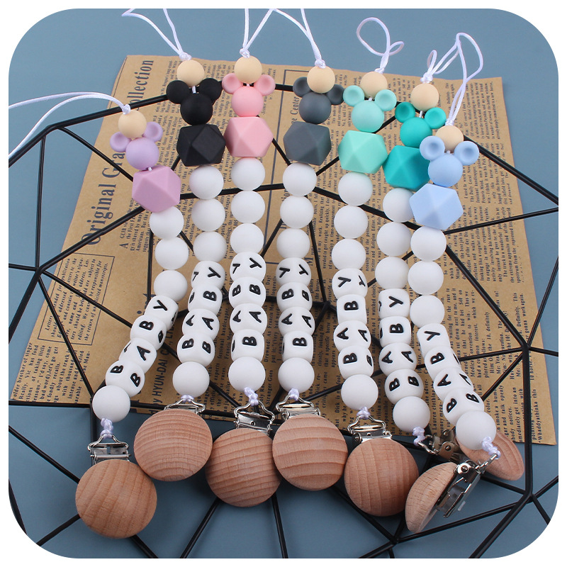 Amazon infantil Mickey chupete de silicona cadena bebé cambiable nombre molar calmante cadena anti-caída