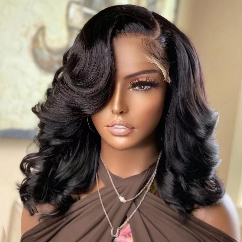 Foreign Trade European and American Short Curly Wig Black Big Wave Medium Long Hair Front Lace Wig Drop Shipping