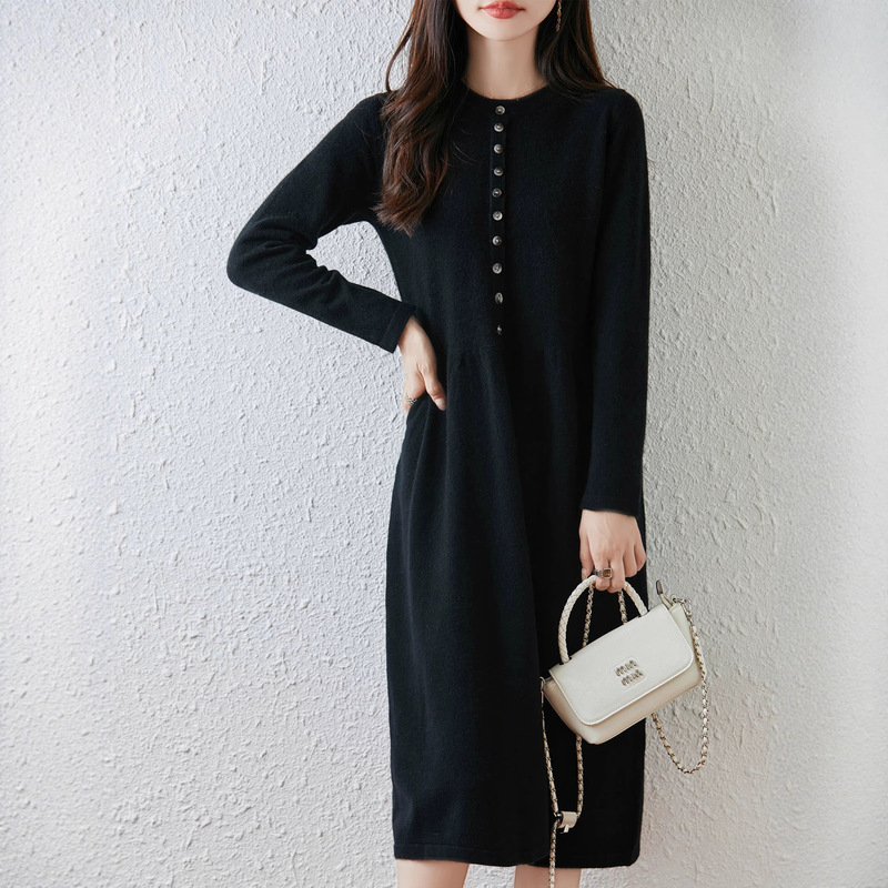 Autumn and Winter Wool Sweater Loose Knitted Plus Size Dress Fashionable Stripesd Pure Color Long Knee-Length Bottoming Women's Sweater Dress