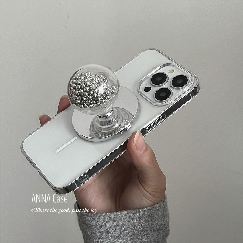 iPhone15promax、Apple16、14、17対応、シルバーのビーズが付いた個性的なシェイクケース、マグネット式スタンド付き|undefined