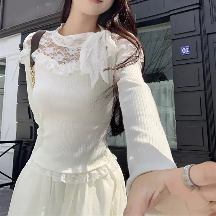 Spring lace long-sleeve, knitted sweater, Korean style