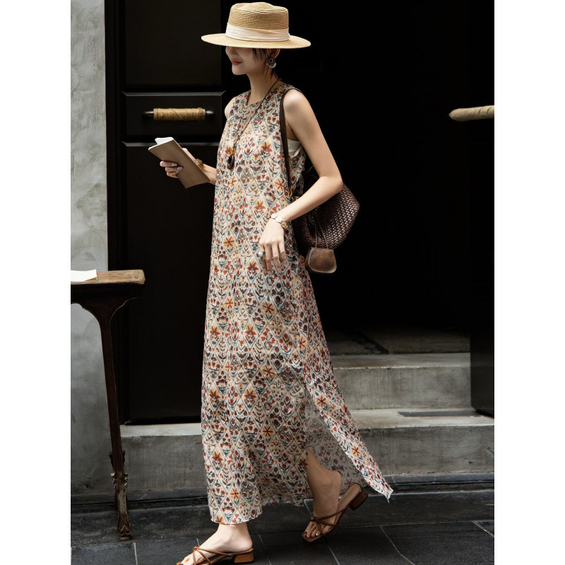 Vintage printed cotton-linen sleeveless dress, summer lightweight round-neck loose-fitting elegant side-slit casual tank dress Vintage printed cotton-linen sleeveless dress, summer lightweight round-neck loose-fitting elegant side-slit casual tank dress
