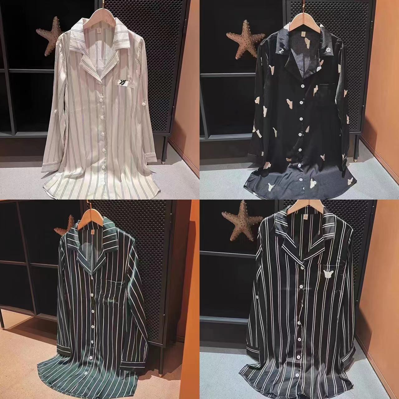 북유럽 스트라이프 폭스/밀크 독/팬더/고양이 자수 잠옷 실크 새틴 긴 소매 잠옷 봄과 가을