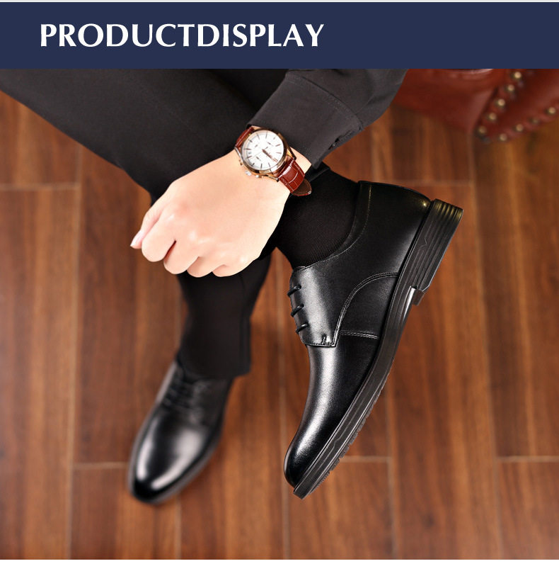 Giày da bò lớp đầu nam công sở đế mềm, mũi nhọn, dây buộc, gót thấp 1–3 cm — 21599 nâu, 21599 đen, Màu đen chi tiết 12