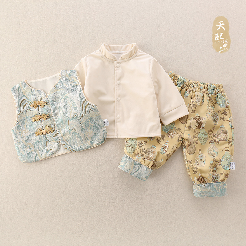 儿童衣服中国风套装婴儿春秋装男童周岁礼服唐装幼儿抓周服三件套|undefined