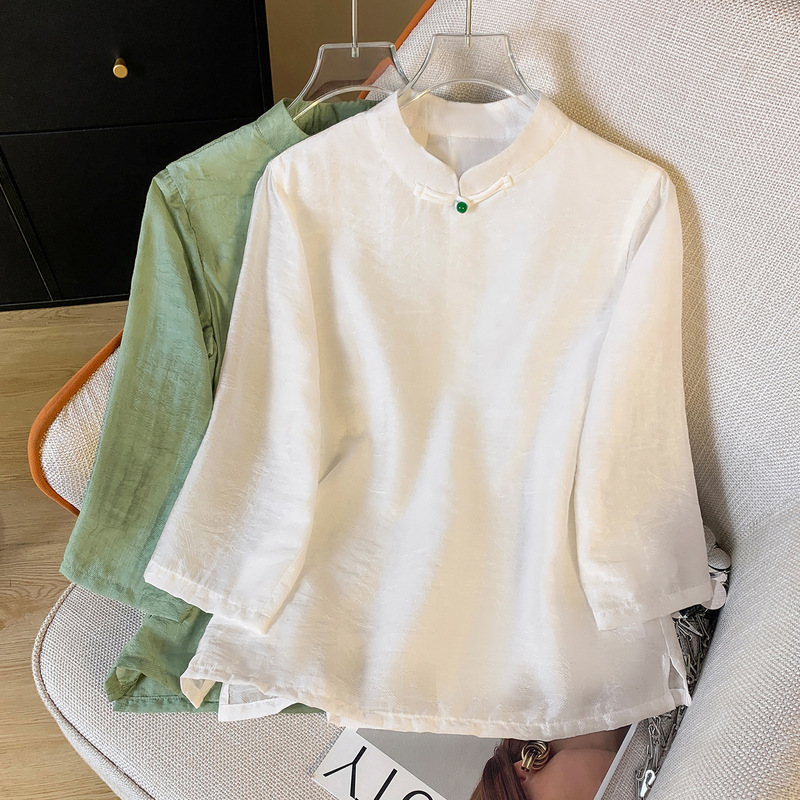 Real Shot New Silk Linen Shirt Women's Retro Button Tea Artist Clothing Loose Young Chinese Zen Women's Clothing