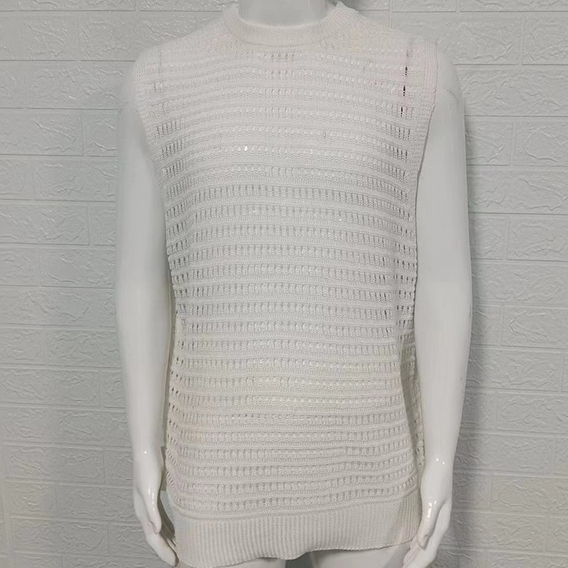 2025 New Men's Sweater Solid Color Slim Fit Sleeveless Hollow Knit Vest Style_voghion.com