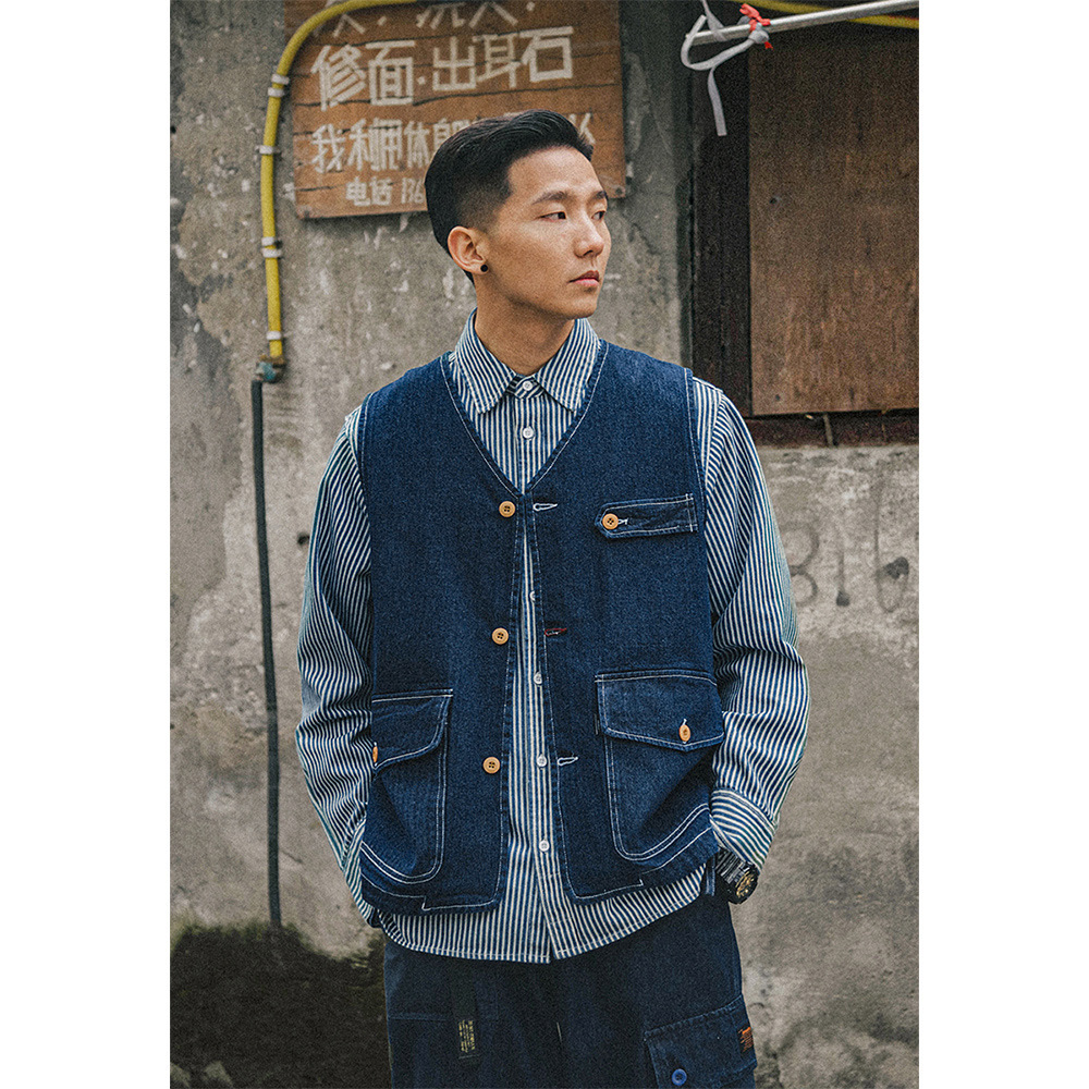 Retro denim vest, authentic American washed tactical vest, heavy-duty workwear jacket, custom-made from original designs, men's.