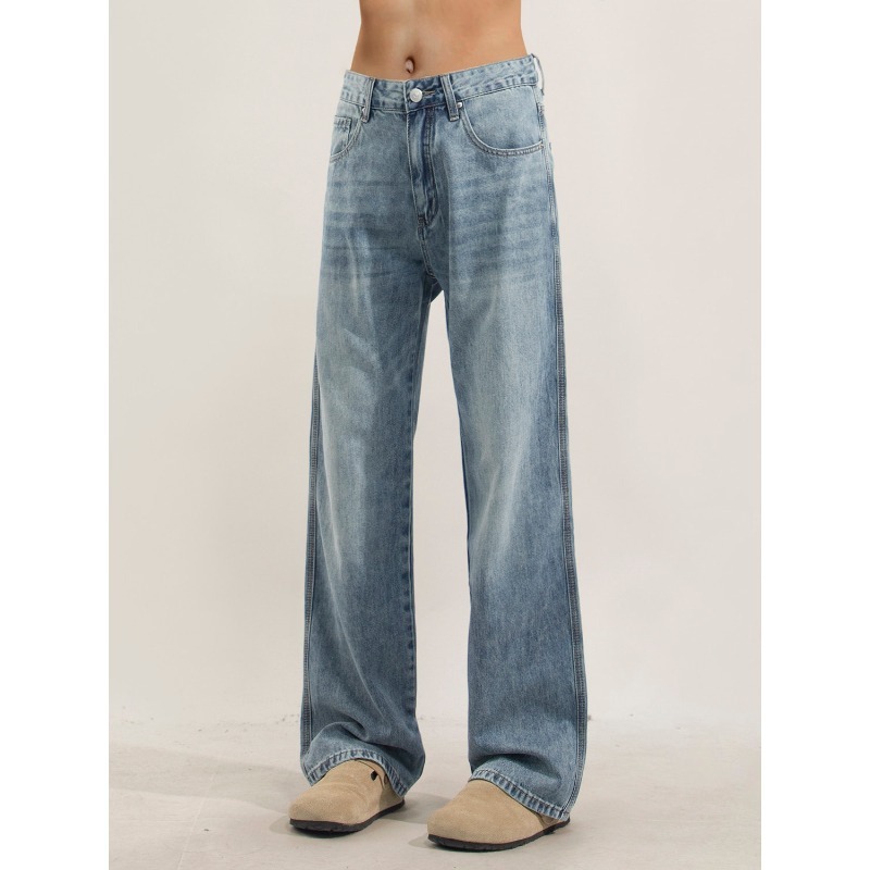 Men's Washed Denim Jeans, High Street Loose Fit Straight Leg Trousers For Clean Aesthetic & Casual Style_viptrois.com