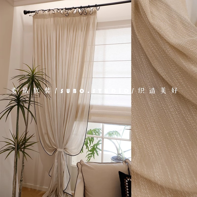French medieval gauze vintage drawn pleated wood ear edge black side window gauze curtain linen bedroom study restaurant tea room gauze