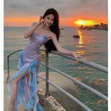 欧美性感开叉亮片吊带连衣裙轻奢高级感生日派对小礼服海边度假裙