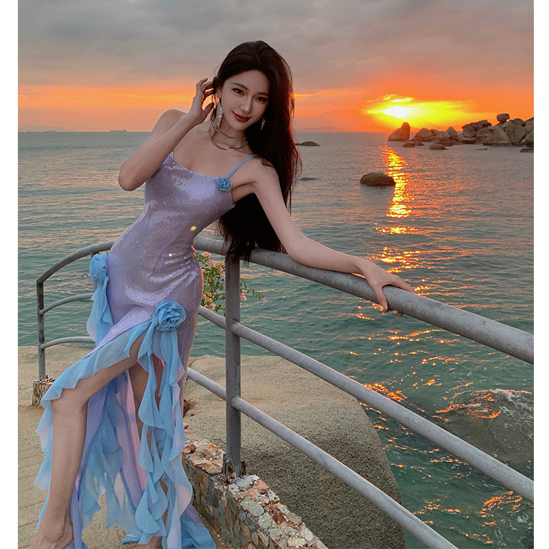 European and American Sexy Split Sequin Sling dress Light Luxury High-end Birthday Party Dress Seaside Holiday Dress