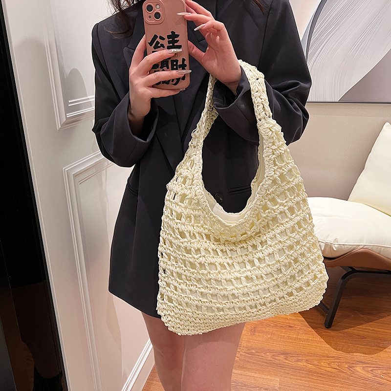 Large Capacity Woven Bag, Stylish and Versatile, Lattice Shoulder Bag and Handbag, French Coastal Vacation and Leisure Beach Bag