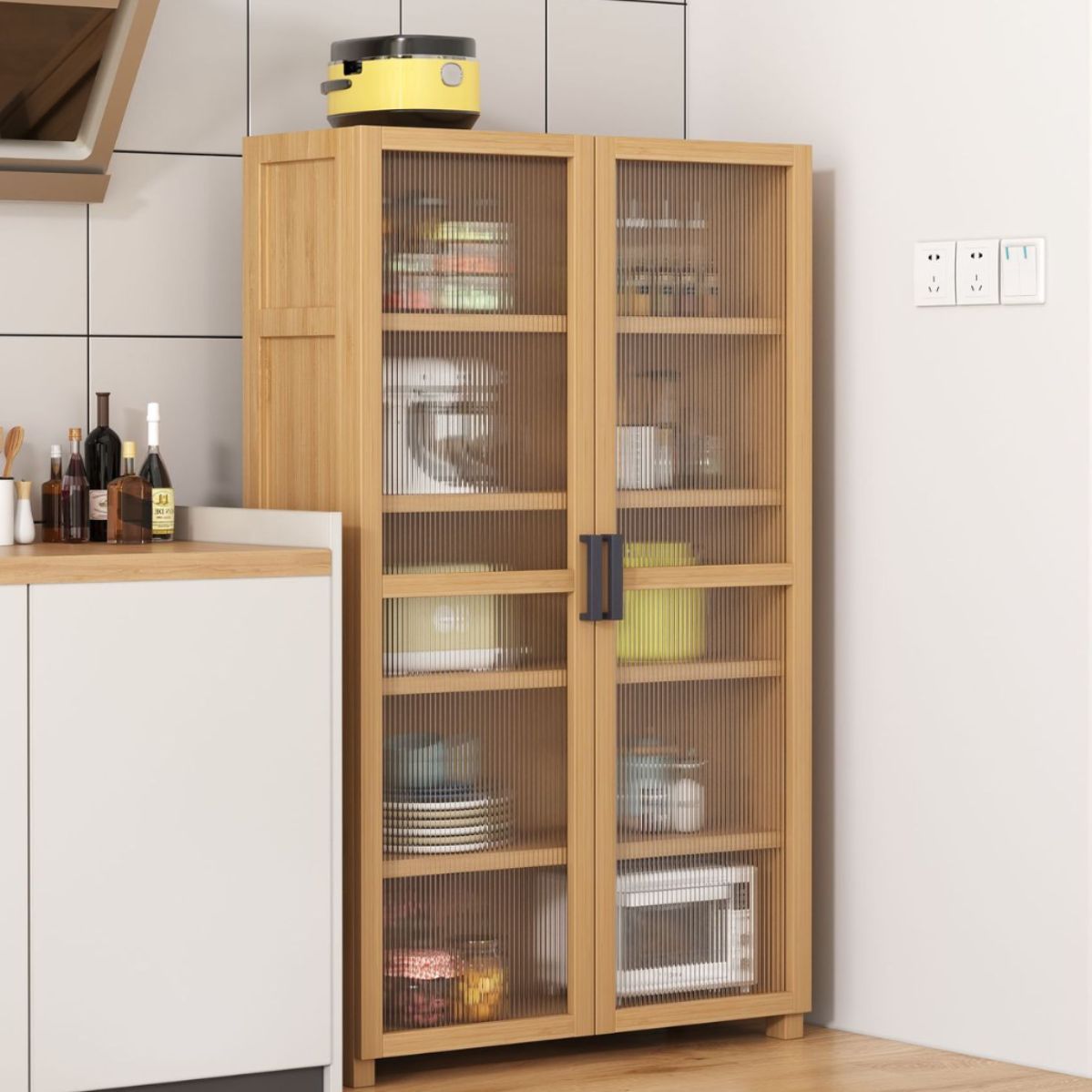 Simple and Large Capacity Kitchen Storage Cabinet Floor Standing with Door Dustproof Household Cabinet Microwave Spice Kitchen Utensil Storage Cabinet