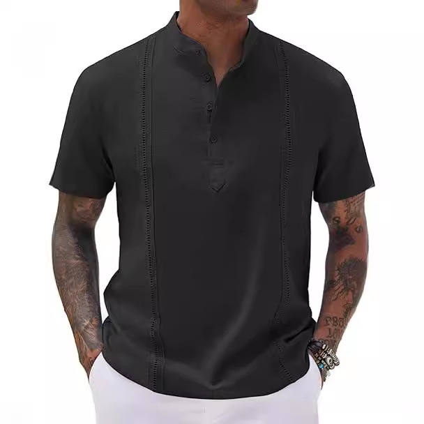 Monochrome Man - Cross-Border Summer New Short-Up Neck Cotton-Linen Color Solid Colour Patchwork Shirt Beach Casual Sports_voghion.com