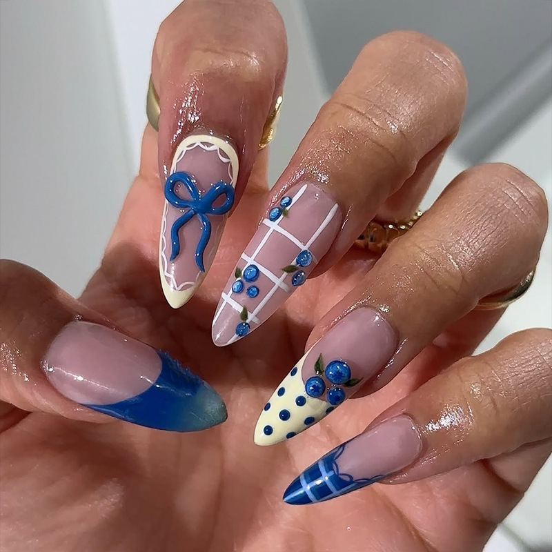 New Style Almond-Shaped 3D Gel Summer Cyan Gradient Lace French Three-Dimensional Wearable Nails Nail Tips