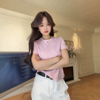 夏季新款小天鹅刺绣棉质T恤女正肩圆领短袖显瘦休闲外穿上衣定制
