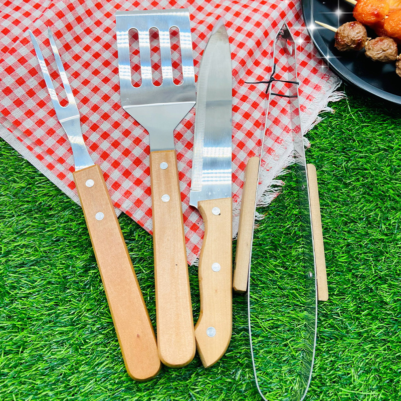 户外野营烧烤工具组合木柄叉铲夹BBQ配件布袋荷木柄烤具套装|undefined