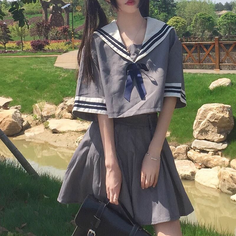 Japanese College Style JK Uniform Navy Collar Short-sleeved Top High Waist Solid Color Pleated Skirt Two-piece Set Women's Summer