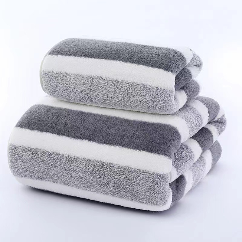 Grenzüberschreitendes Handtuch- und Badetuch-Set, verdickte Korallenfleecequalität, schlichtes dreistreifiges Design, weich, saugfähig, schnelltrocknend, fusselarm