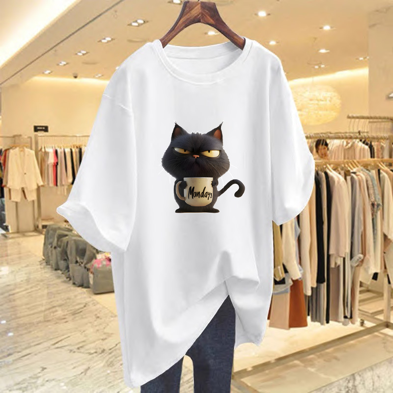 European and American foreign trade new cartoon animal cat graphic breathable printed round neck short sleeve T-shirt casual women's top