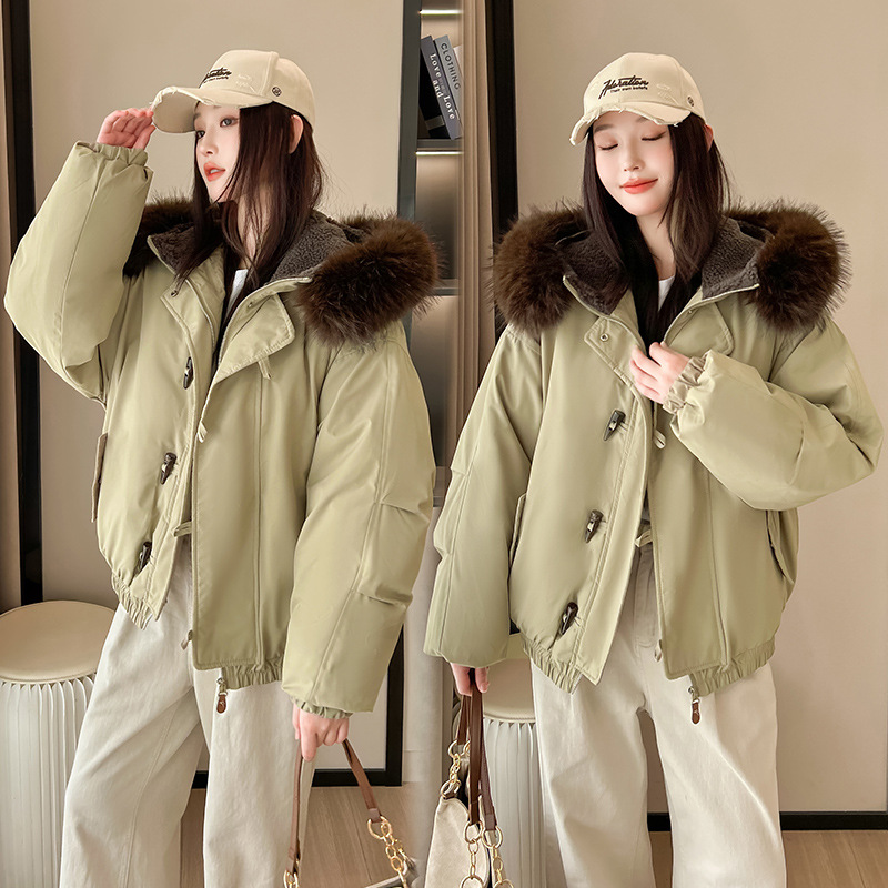 Coreano retro cuello con capuchón abrigo de algodón de mujer invierno 2025 nuevo buey corno grueso abrigo de algodón cálido image 1