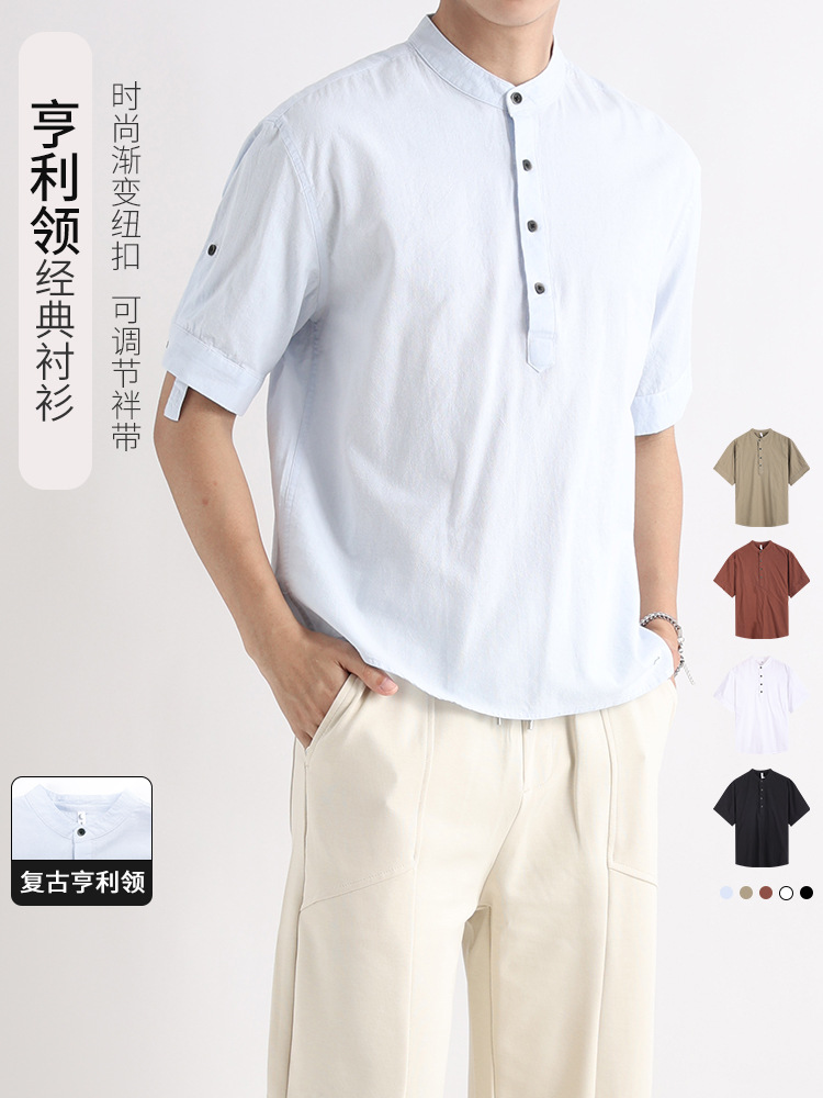 Camisa de hombre de manga corta con cuello Henry de algodón pesado, ropa de hombre suelta, marca de moda de verano para hombre, camisa casual de alta gama, verano para hombre