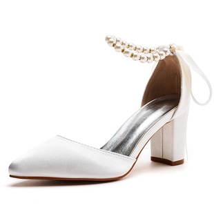 7cm chunky heel pointed toe sandals strap shallow mouth women's sandals white beaded satin cloth bridal high heels plus size